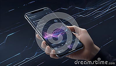 A hand holding a smartphone with a screen displaying a futuristic interface showing graphs, data, and notifications. The Vector Illustration