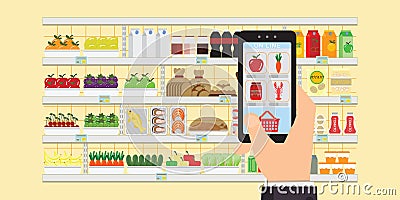 Hand holding smartphone with shopping app,Grocery delivery internet order, Online supermarket concept Vector illustration Vector Illustration