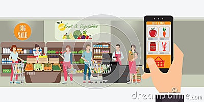 Hand holding smartphone with shopping app, Interior store inside, Grocery delivery internet order, Online supermarket concept Vector Illustration