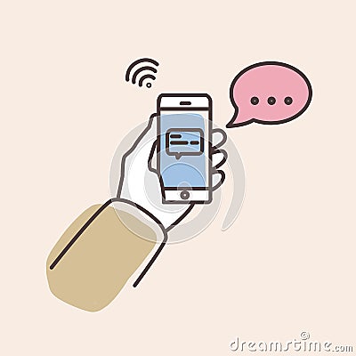 Hand holding smartphone with text message on screen and speech bubble. Phone with chat or messenger notification Vector Illustration