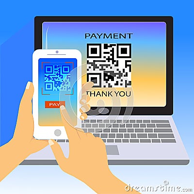 Hand holding smartphone to scan QR code on laptop for payment Vector Illustration