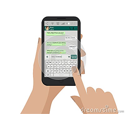 Hand holding smartphone, touching screen and write message in social network. Vector. Stock Photo