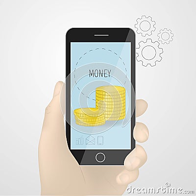 Hand holding smartphone vector, black mobile phone in hand illustration. gold coins on the screen. Online money transfer concept Cartoon Illustration