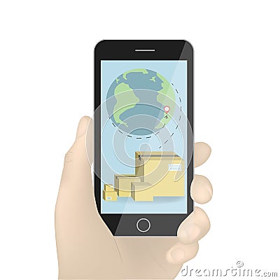 Hand holding smartphone vector, black mobile phone in hand illustration isolated on white background. Box and global on the screen Vector Illustration