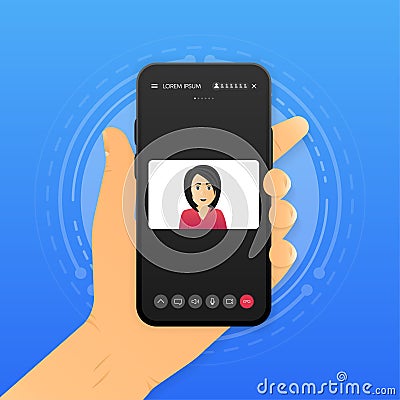 Hand holding smartphone with Video Call. Mobile speaking in video chat concept. Vector illustration. Vector Illustration