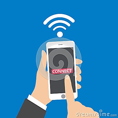 Hand holding smartphone with wifi wireless connection business concept illustration Vector Illustration