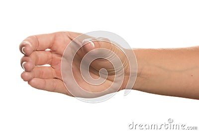 A hand holding something like a bottle or smartphone on white backgrounds, isolated Stock Photo