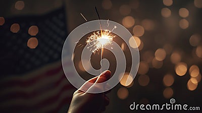 Hand holding Sparkler fireworks USA celebration with American flag nature background. Generative AI Stock Photo