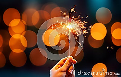 hand holding sparkler light burning on bokeh background Stock Photo