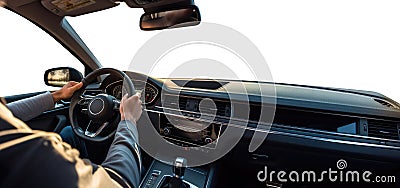 Hand holding the steering wheel. Generic car panel. Driver's Point of View. Driver's Perspective. Transparent PNG. Stock Photo