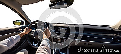 Hand holding the steering wheel. Generic panel. Driver's Point of View. Driver's Perspective. Transparent windshield. Stock Photo