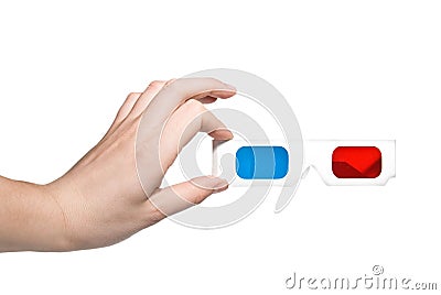 Hand holding stereo glasses on whit Stock Photo