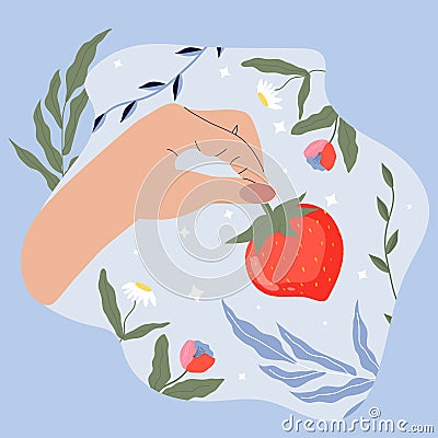 Hand holding a strawberry branch. Illustration of red strawberries. A fashionable cartoon hand holding strawberries surrounded by Vector Illustration