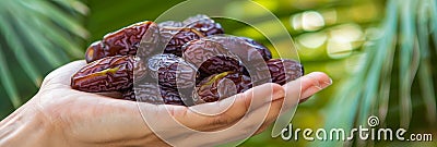 Hand holding sweet dates with copy space on blurred background, perfect for text placement Stock Photo