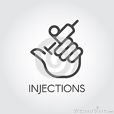 Hand holding syringe with injection line icon. Medical symbol, vaccination, treatment, cosmetology, botox concept Vector Illustration