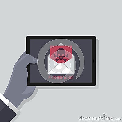 Hand holding tablet screen concept. businessman read alert notification. Phishing attack email with skull and bones, email symbol Vector Illustration