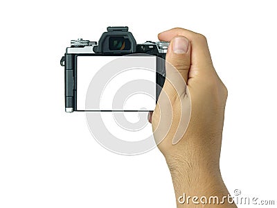 Hand holding and taking shot blank display mirrorless camera isolated Stock Photo