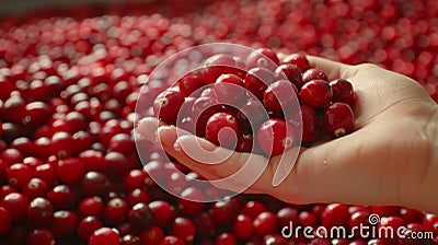 Hand holding tart cranberries on blurred background with copy space, fresh cranberry selection Stock Photo