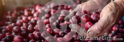 Hand holding tart cranberries on blurred background with space for text placement Stock Photo
