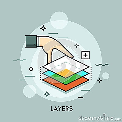 Hand holding three translucent layers. Layered graphics, digital design software, image editing, visual effects, modes Vector Illustration