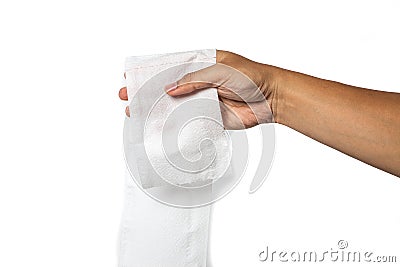 Hand holding toilet paper. isolated on white Stock Photo