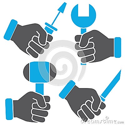 Hand holding tool icons Stock Photo