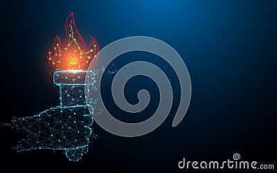 Hand holding torch flame form lines, triangles and particle style design Vector Illustration