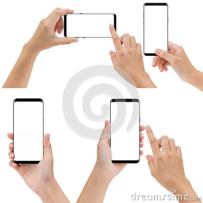 Hand holding and touching phone mobile isolated on white bac Stock Photo