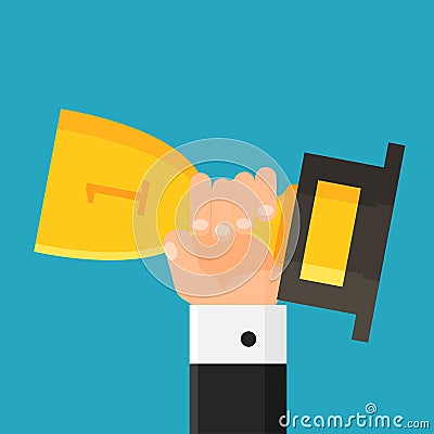 Hand holding trophy. Winner. Businessman with gold cup. Award. First place. Flat style. Vector illustration Vector Illustration