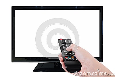 Hand holding TV remote with LED TV and blank screen isolated on Stock Photo