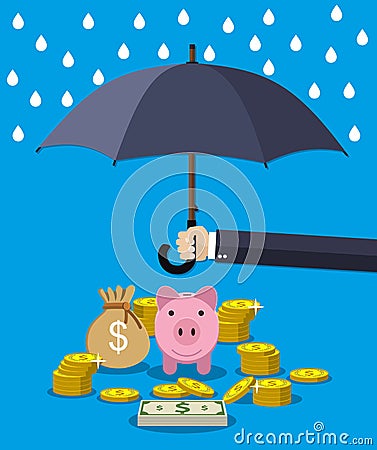 Hand holding umbrella under rain to protect money. Vector Illustration