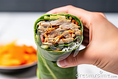 hand holding up a freshly made turkey lettuce wrap Stock Photo