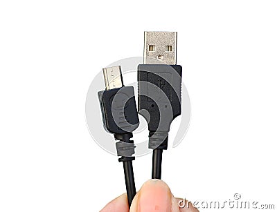 Hand holding usb to micro usb cable on white background Stock Photo