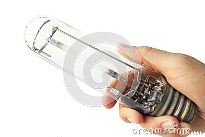 Hand Holding a Used High Intensity Discharge Lamp Stock Photo