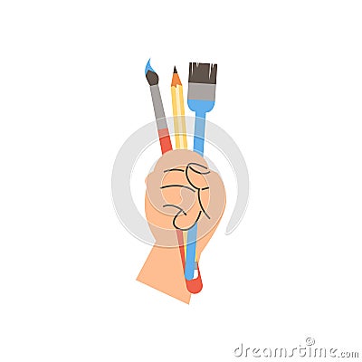 Hand holding various brushes and pencil flat style Vector Illustration