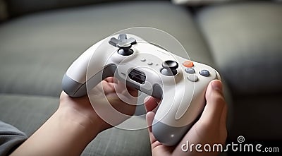 hand holding video controller, close-up of hand holding gamepad, gamer playing game with gamepad Stock Photo