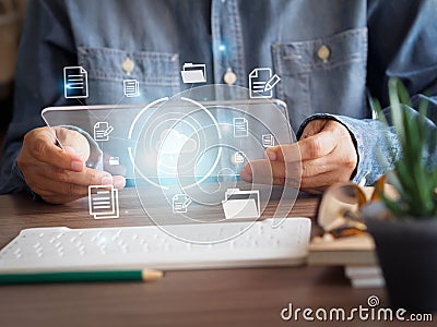 Hand holding the virtual screen with icon document data technology with cloud computing and efficient online storage in the enterp Stock Photo