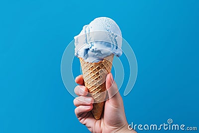 hand holding a waffle cone with white ice cream on a blue background, Generative AI Stock Photo