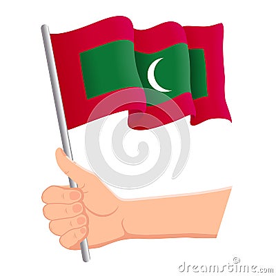 Hand holding and waving the national flag of Maldives. Fans, independence day, patriotic concept. Vector illustration Vector Illustration