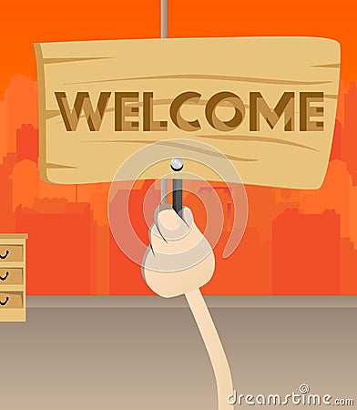 Hand holding Welcome paper text. Showing sign. Vector Illustration