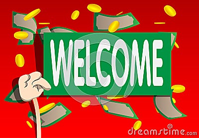 Hand holding Welcome paper text. Showing sign. Vector Illustration