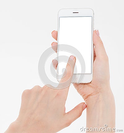 Hand holding white cellphone isolated on white clipping path inside. Online shopping. Top view. Mock up. Copy space. Template.Blan Stock Photo