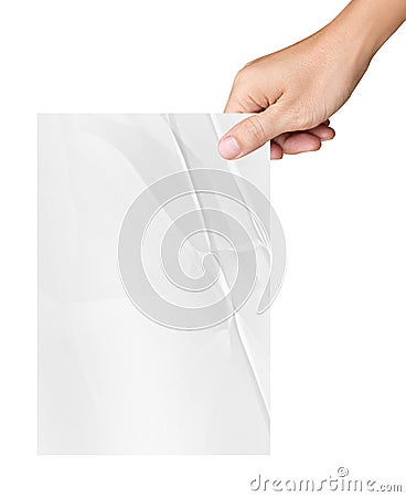 Hand holding white crumpled paper isolated on white Stock Photo