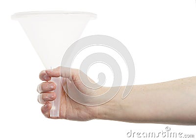 Hand holding white funnel Stock Photo