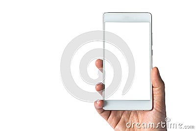 Hand holding white phone isolated on white screen and background Stock Photo