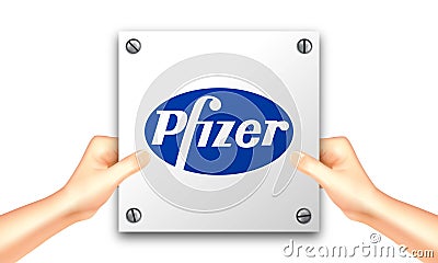 Hand holding a white signage of Pfizer for illustrative editorial use. Cartoon Illustration