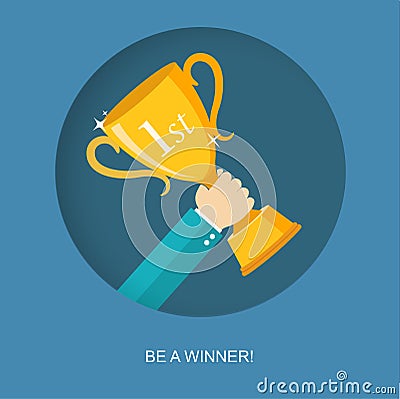 Hand holding winner's trophy flat illustration Vector Illustration