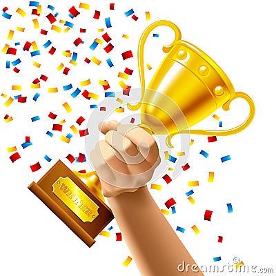 Hand holding a winner trophy cup award Vector Illustration