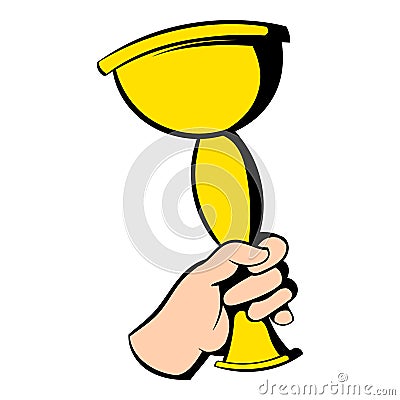 Hand holding winner trophy cup icon, icon cartoon Vector Illustration