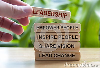 Hand holding wooden blocks with text - Leadership, empower people, inspire people, share vision, lead change. Stock Photo